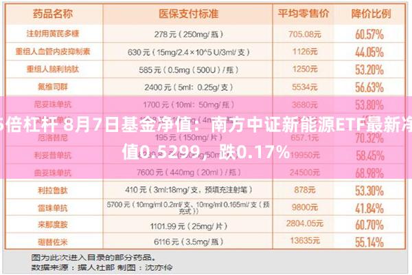 5倍杠杆 8月7日基金净值：南方中证新能源ETF最新净值0.5299，跌0.17%